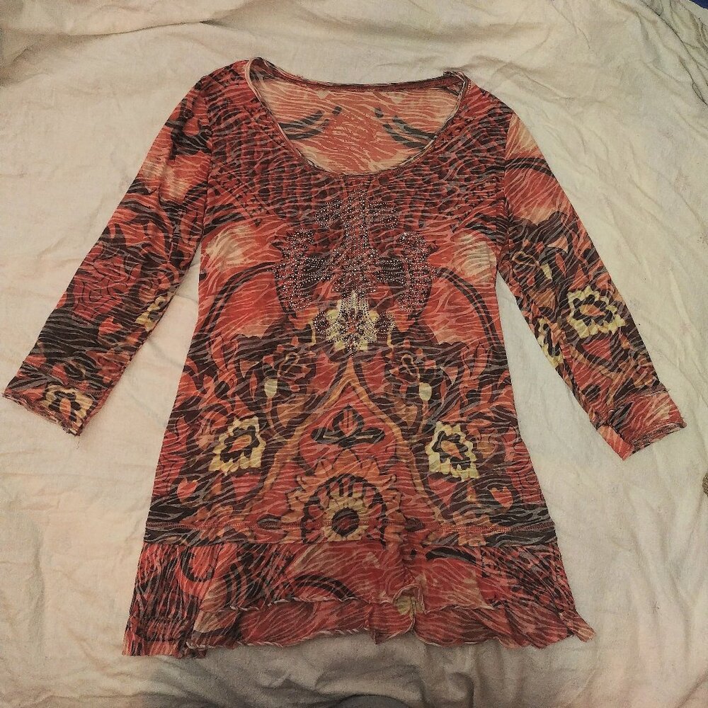 V Christina Orange bold pattern tiger print 3/4 sleeve shirt w/ rhinestone cross